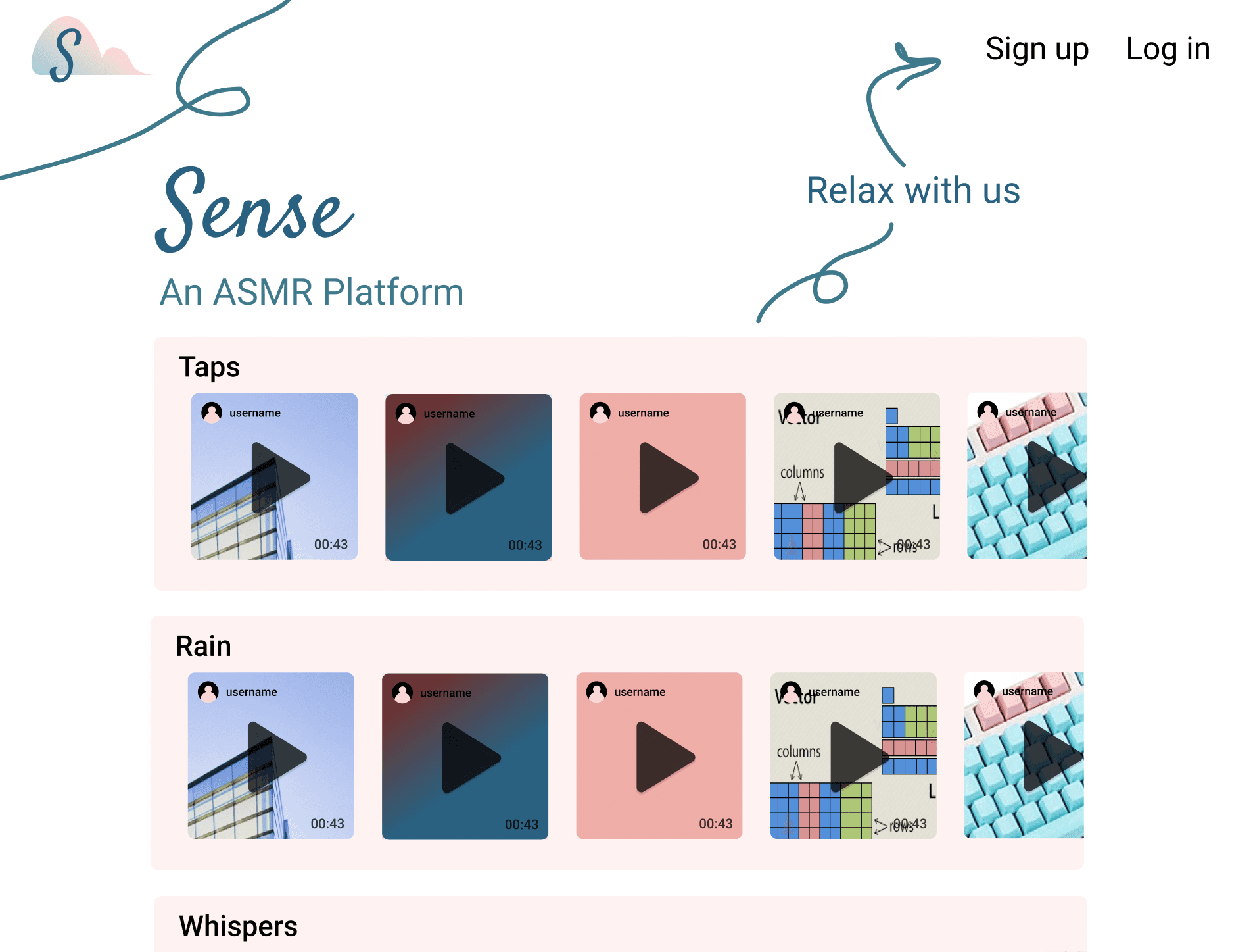 Home page of the Sense app. It shows previews of ASMR sound content and Sign up/Log in buttons