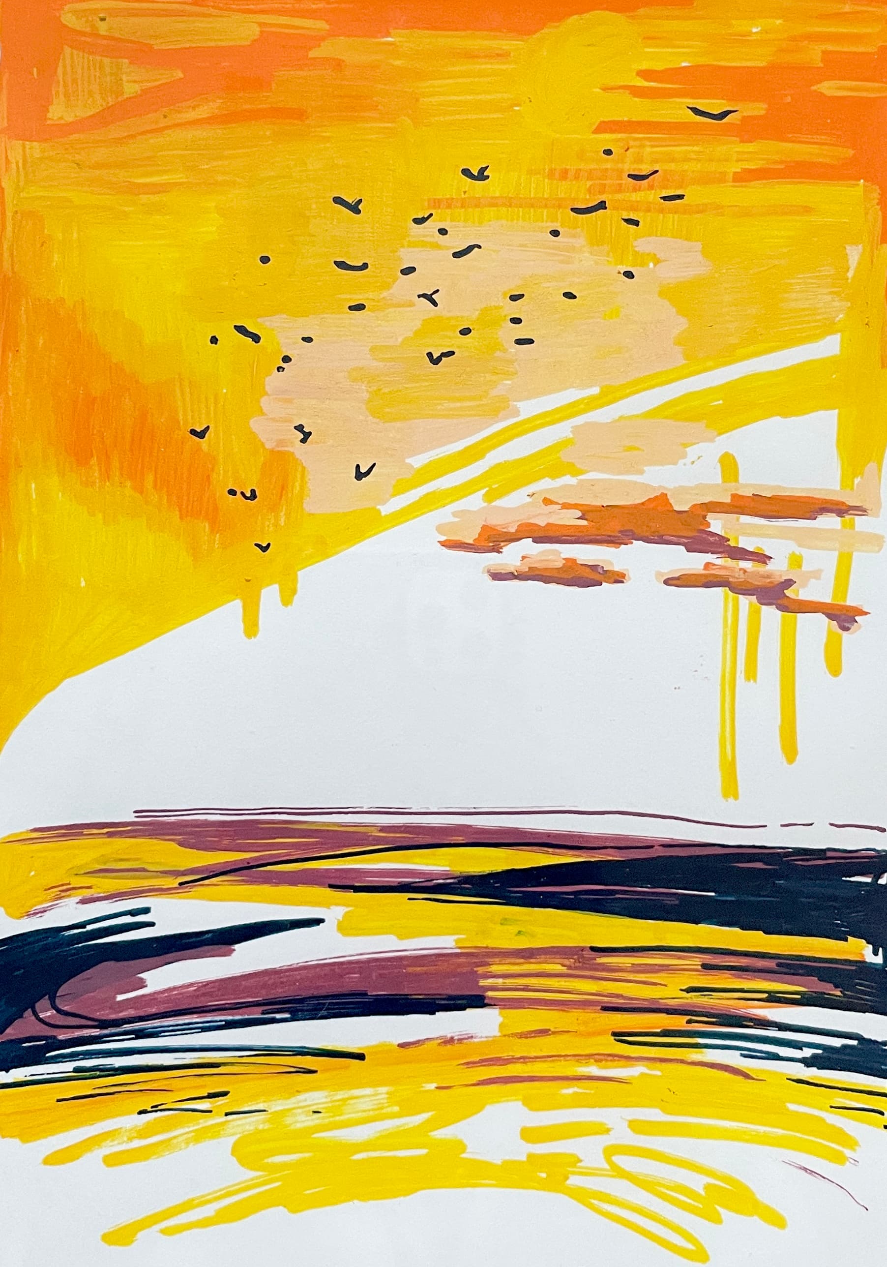 Abstract sunset over water with yellow and blue strokes