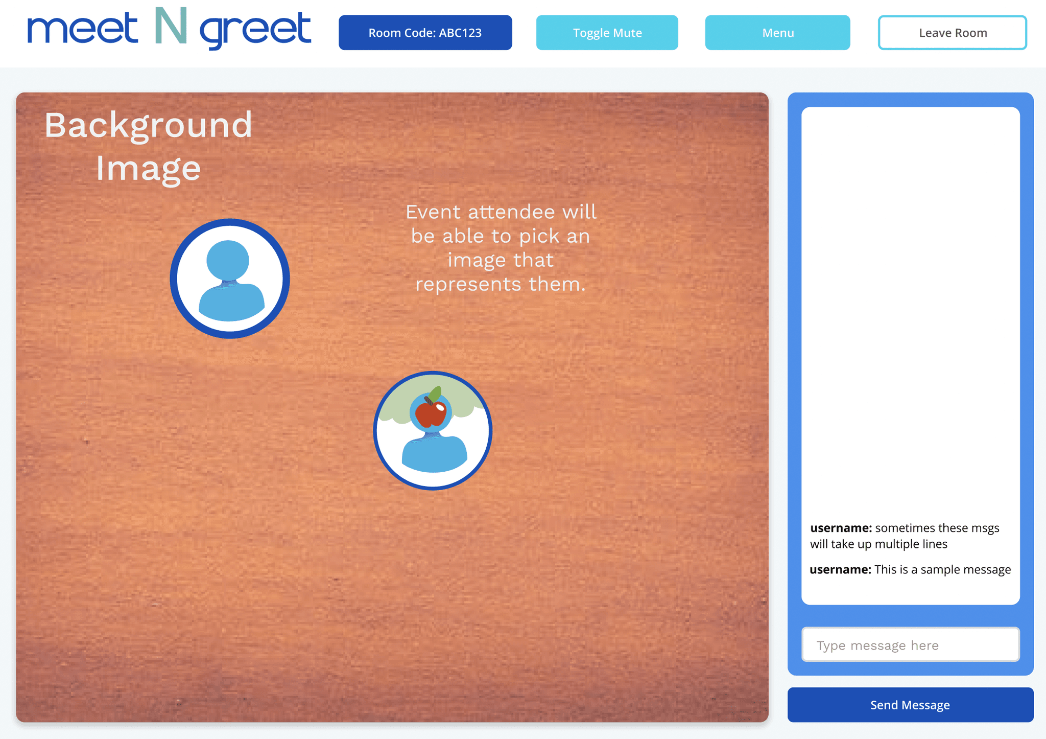 The figma design for Meet N Greet. It displays a meeting room for avatars to navigate around, important buttons such as 'Leave Room' and 'Mute', and a chatbox.